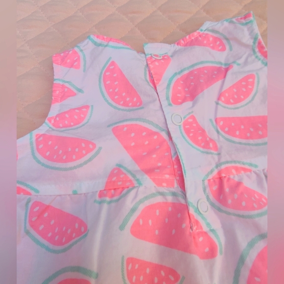 Watermelon-print A-line dress for baby girl with matching bucket hat, size 9M - Picture 6 of 8